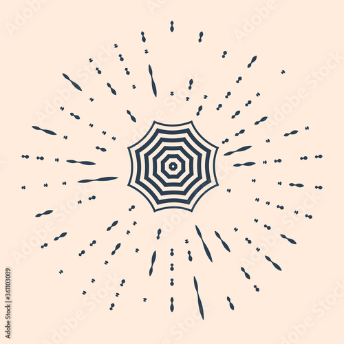 Black Sun protective umbrella fo beach icon on beige background. Large parasol for outdoor space. Beach umbrella. Summer vacation or picnic accessory. Abstract circle random dots. Vector Illustration.