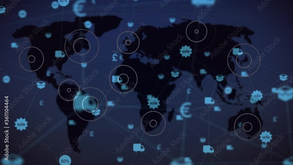Digital composite video of web of connections with icons moving against world map in background Digital composite video of web of connections with icons moving against world map in background