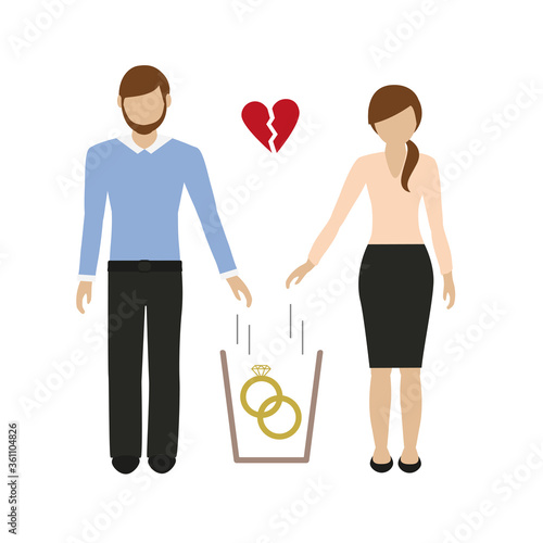 woman and man throws wedding rings in the trash vector illustration EPS10