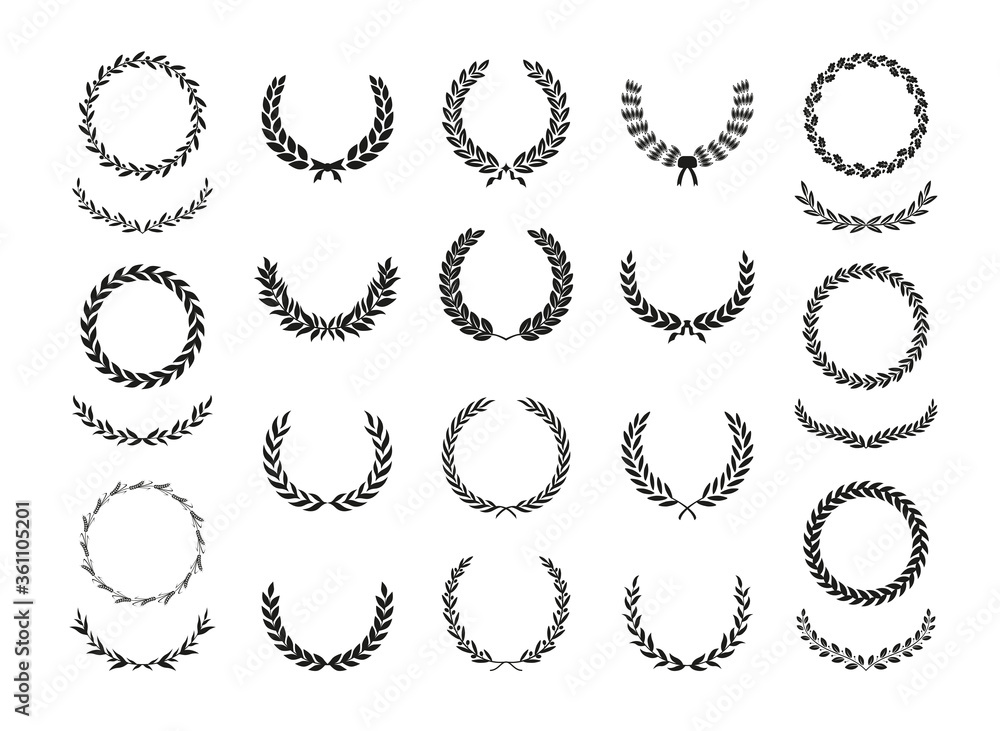 Set of different black and white silhouette circular laurel foliate, wheat, oak and olive wreaths depicting an award, achievement, heraldry, nobility, emblem. Vector illustration. Set of different black and white silhouette circular laurel foliate, wheat, oak and olive wreaths depicting an award, achievement, heraldry, nobility, emblem. Vector illustration.