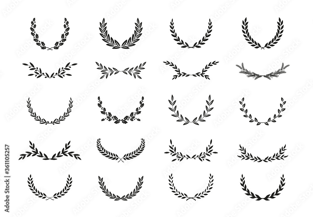 Collection of different golden silhouette laurel foliate, wheat, and