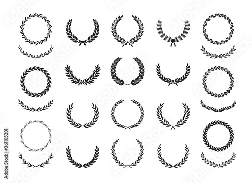 Set of different black and white silhouette circular laurel foliate, wheat, oak and olive wreaths depicting an award, achievement, heraldry, nobility, emblem. Vector illustration.