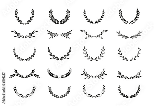Collection of different golden silhouette laurel foliate, wheat, and olive wreaths depicting an award, achievement, heraldry, nobility, game dev. Vector illustration.