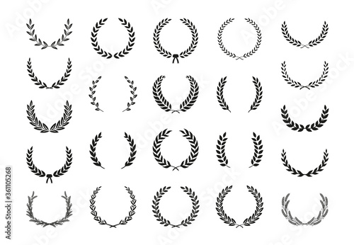 Collection of different black and white silhouette circular laurel foliate, wheat and olive wreaths depicting an award, achievement, heraldry, nobility. Vector illustration.