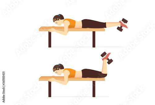 Sport women doing exercise with Dumbbell Hamstring Curl on Bench. Workout at the gym with equipment target on legs muscles.