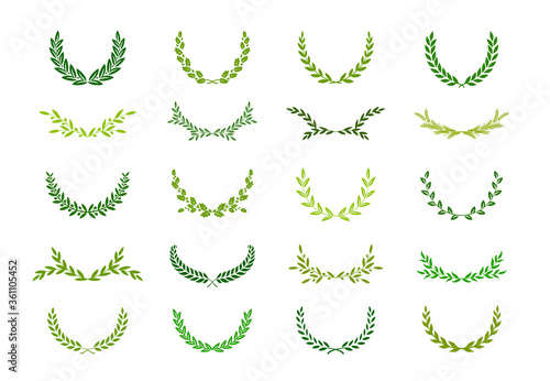 Set of different green silhouette laurel foliate, wheat, oak and olive wreaths depicting an award, achievement, heraldry, nobility, emblem. Vector illustration.