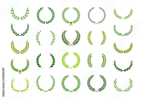 Set of green silhouette laurel foliate, wheat and olive wreaths depicting an award, achievement, heraldry, nobility. Vector illustration.