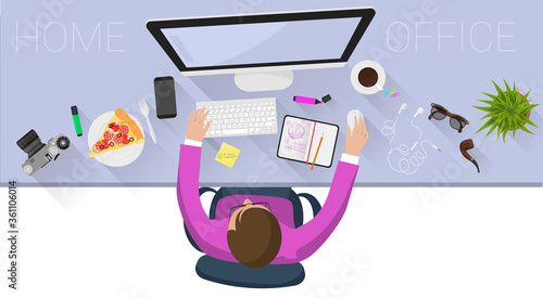 Flat design web page concept for creative business process and business strategy, teamwork. Trendy vector illustration home office and outsource mock up for website and mobile app.