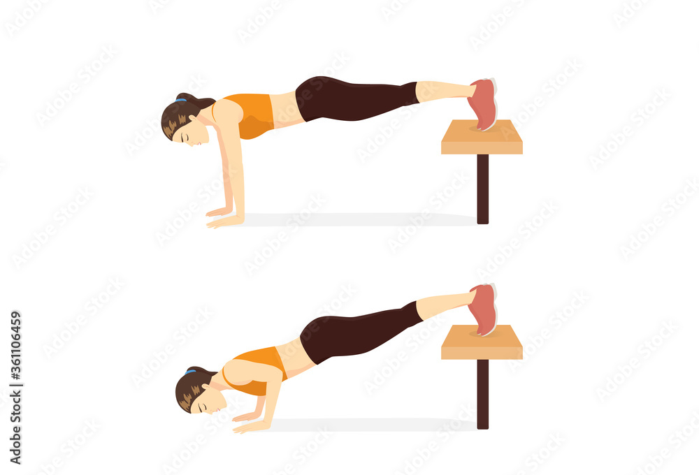 Sport Women do the Decline push ups with Feet on bench for exercise. Illustration about Workout at home. Sport Women do the Decline push ups with Feet on bench for exercise. Illustration about Workout at home.