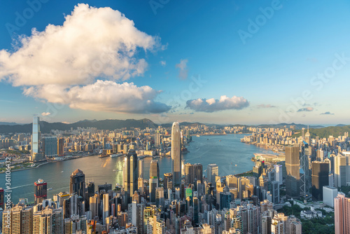 Victoria Harbor of Hong Kong city, viewed from the peak under sunset