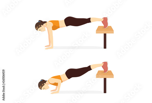 Sport Women do the Decline push ups with Feet on bench for exercise. Illustration about Workout at home. 