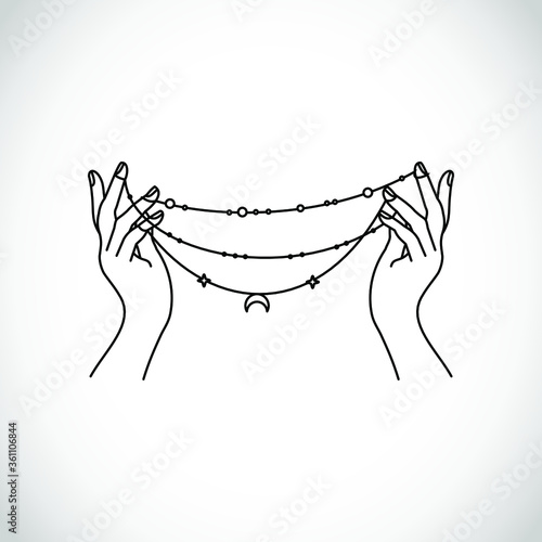Beautiful hands holding a necklace vector line icon