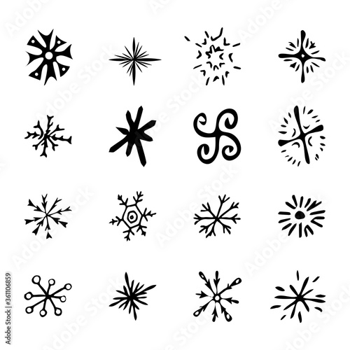Set vector doodle hand drawn snowflakes. Collection of snowflake winter decoration isolated on white background stock vector illustration. 16 cutout design elements