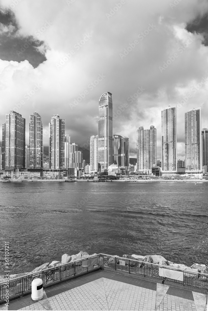Skyline and harbor of Hong Kong city