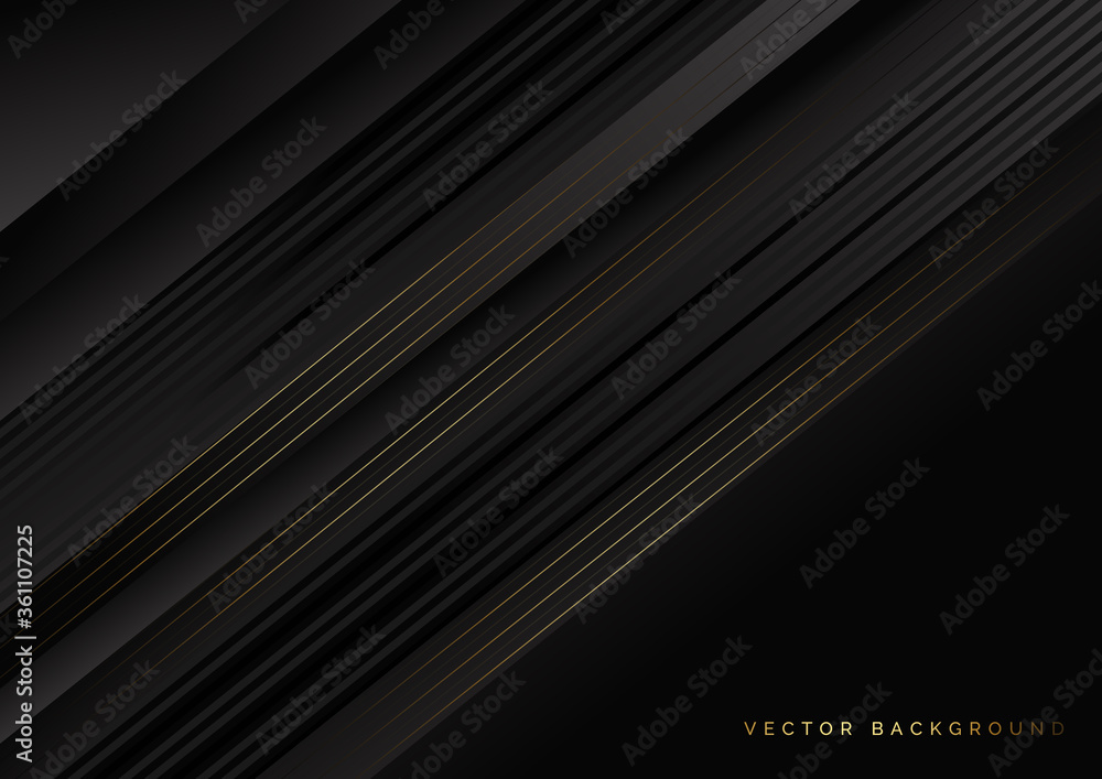 Obraz premium Abstract stripes black and golden lines diagonal overlap on black background. Luxury style.