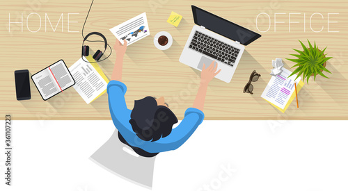 Flat design web page concept for creative business process and business strategy, teamwork. Trendy vector illustration home office and outsource mock up for website and mobile app.