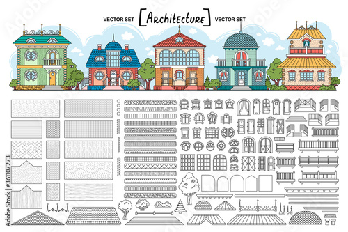 Vector set with architectural details for building houses. Isolated line walls, basement, windows, doors, roofing, cornices, stairs and decor elements for use in your design