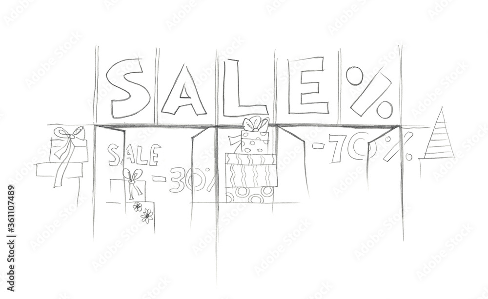 Obraz premium Christmas sale shop window. Sketch. Simple pencil drawing