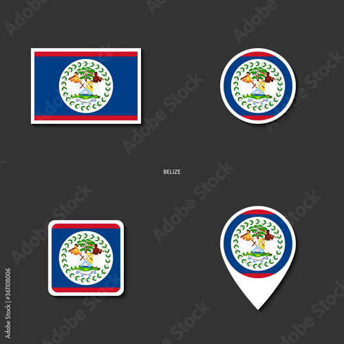 Belize flag icon set in different shape ( rectangle, circle, square and marker icon ) on dark grey background. Belize sticker flag collection on barely dark background.