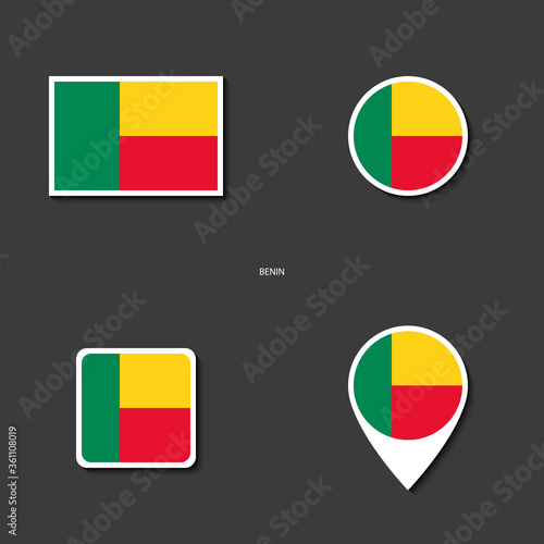 Benin flag icon set in different shape ( rectangle, circle, square and marker icon ) on dark grey background. Benin sticker flag collection on barely dark background.