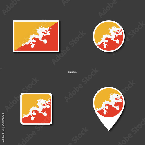 Bhutan flag icon set in different shape ( rectangle, circle, square and marker icon ) on dark grey background. Bhutan sticker flag collection on barely dark background.