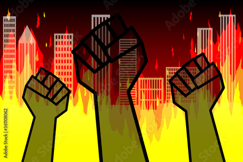 Protest. Silhouettes of raised fists protesting against the backdrop of a burning city, skyscrapers. Vector