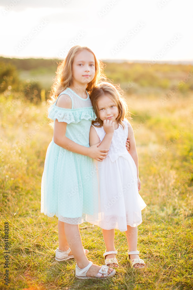 Fototapeta premium Two adorable girls sisters having fun outdoors.