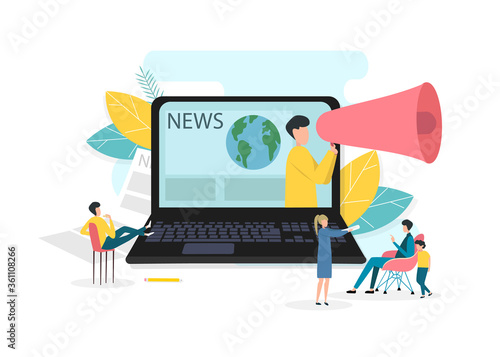 People watching latest news, megaphone informing people from laptop