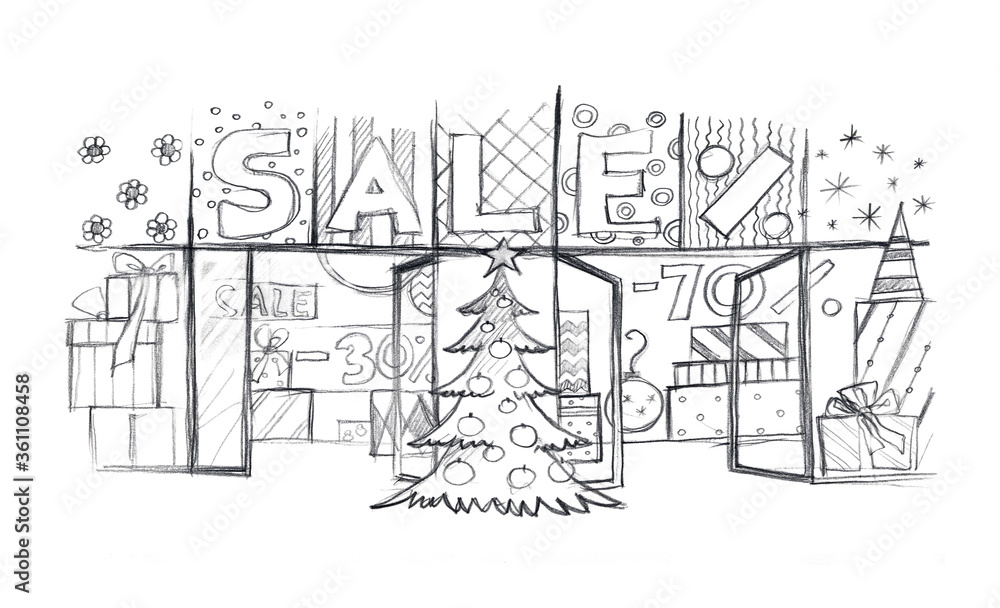 Christmas sale shop window. Sketch. Simple pencil drawing