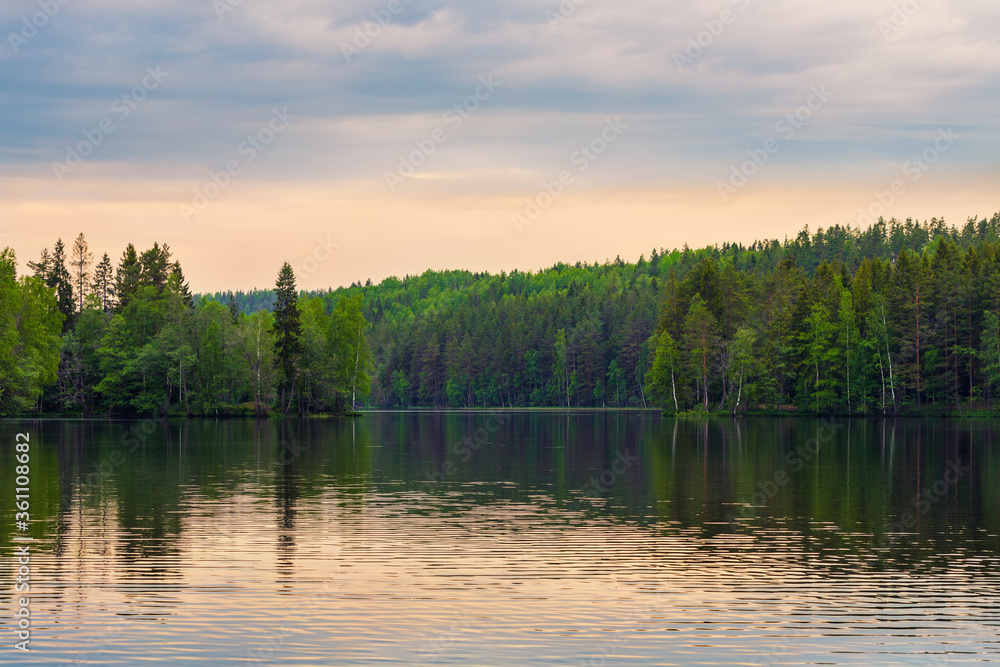 Peaceful view of Lake Dolgoe Ozero, Saint-Petersburg, Russia