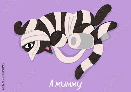Cat mummy. Halloween card with cat in toilet paper. Vector graphics.