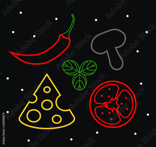 Set of line pizza foodstuff on black backgrond. Tiny icons of champignon, cheese, red tomato, chili pepper and sweet basil. Vector elements for cooking menu, restaurant.  Ingredients for italian food