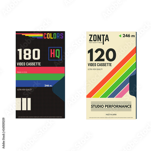 Retro style video cassette three side cover. Back and sides of paper cover. VHS cassette box fantasy 80s design. Color T-120 and 180 for NTSC with HQ. 