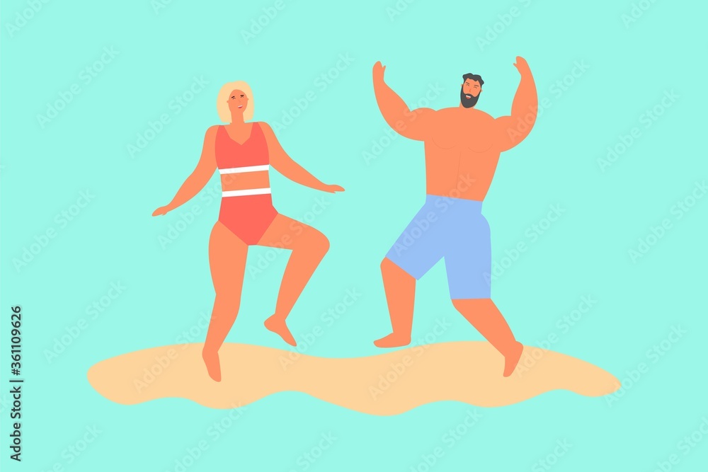 A woman and a man jumping with happiness on the beach. Cartoon vector illustration