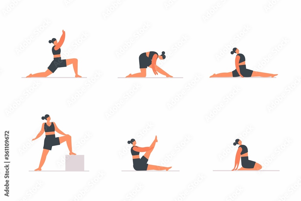 Wellness exercise. yoga and pilates practices. Set of cartoon vector illustration on isolated background