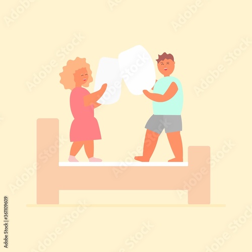 Laughing kids fight pillows on bed. Сhildren games. Cartoon vector illustration on yellow background © fr_march9