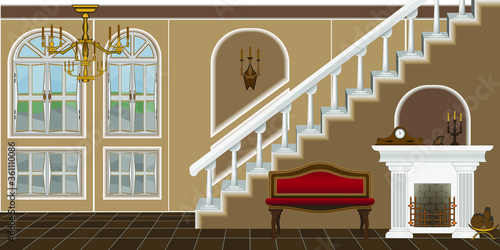 Background in the form of an interior of a large old-style living room with a fireplace and stairs.