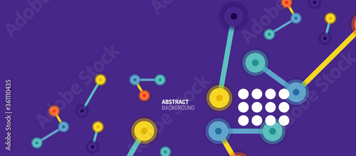 Flat style geometric abstract background, round dots or circle connections on color background. Technology network concept.