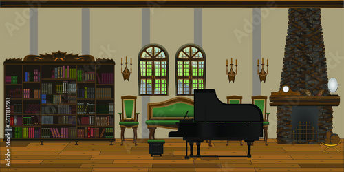 beautiful royal antique-style living room interior with piano and fireplace. living room interior.
