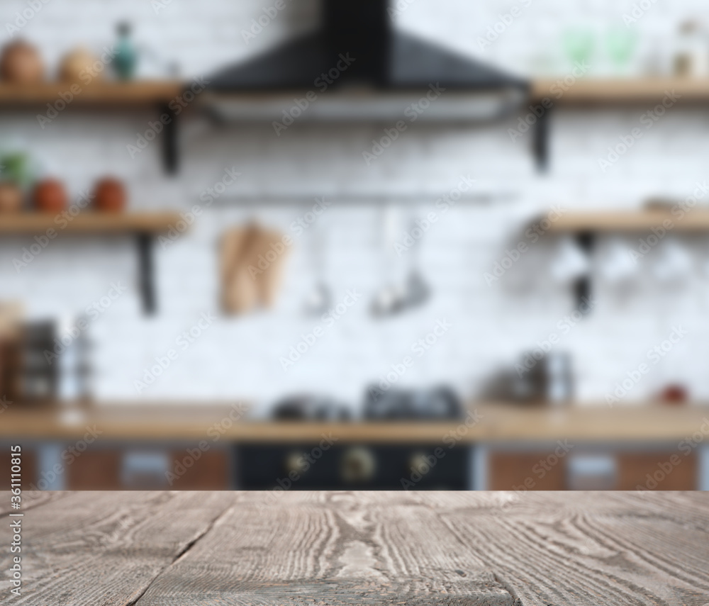 Empty wooden table in modern kitchen interior Empty wooden table in modern kitchen interior