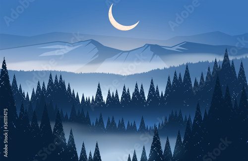 Night mountains landscape with snowy peaks and dark winter forest. Bright crescent in the sky.	