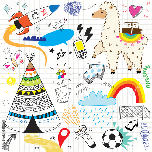 funny hand drawn cute kids doodle set 