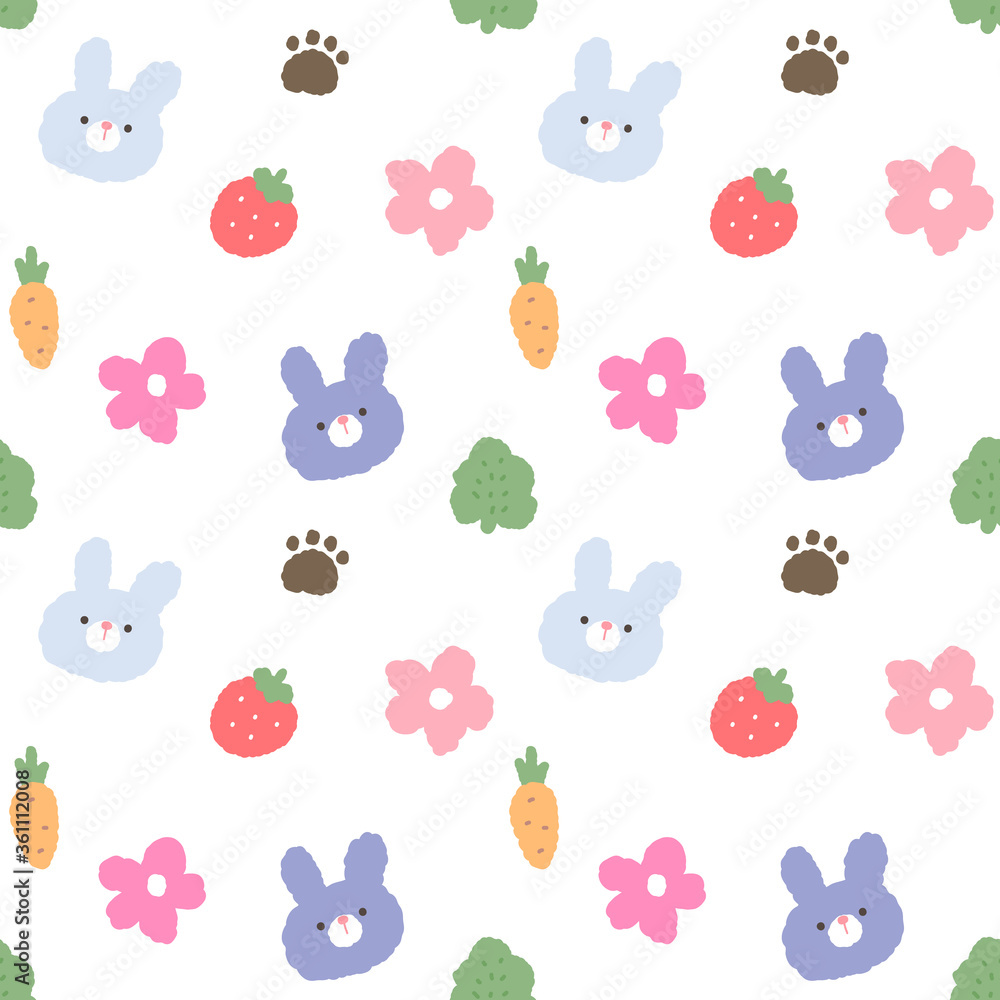 Seamless Pattern with Cartoon Rabbit Face, Paw, Carrot, Flower, Leaf and Strawberry Illustration on White Background Seamless Pattern with Cartoon Rabbit Face, Paw, Carrot, Flower, Leaf and Strawberry Illustration on White Background