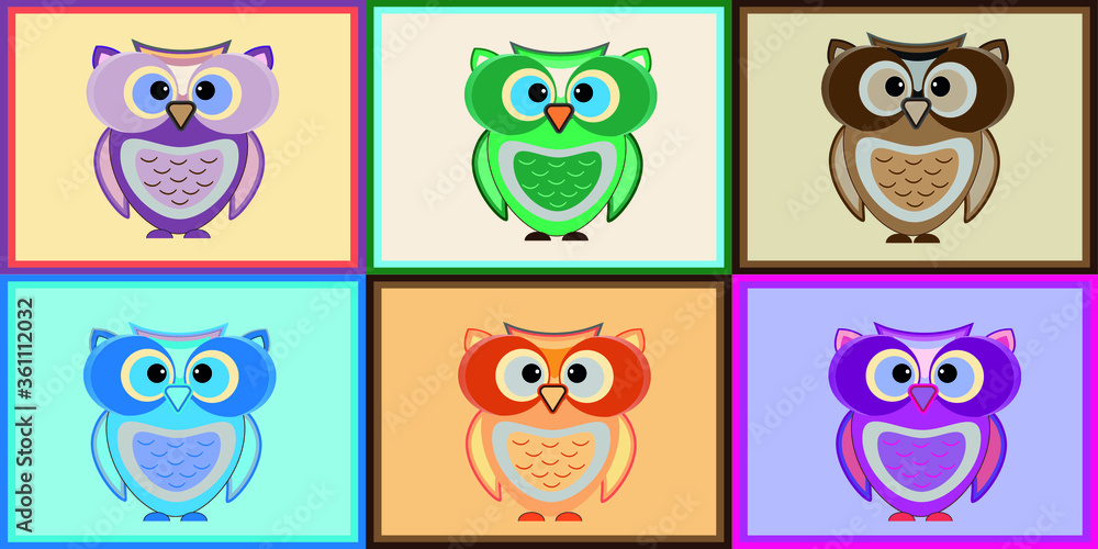 A selection of vector icons of owls in a frame A selection of vector icons of owls in a frame