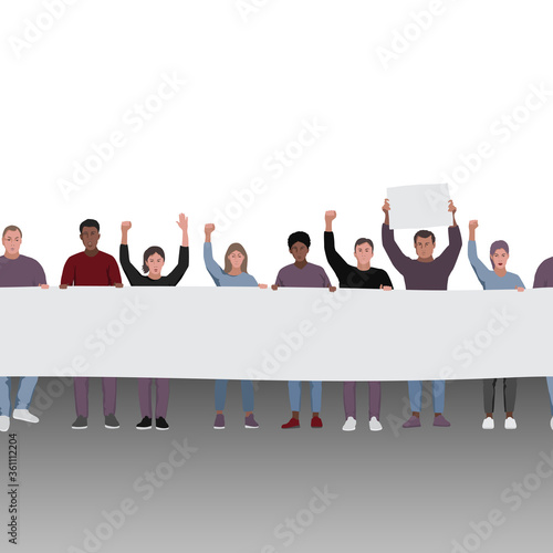 Protesting people with fists raised and banners seamless border.