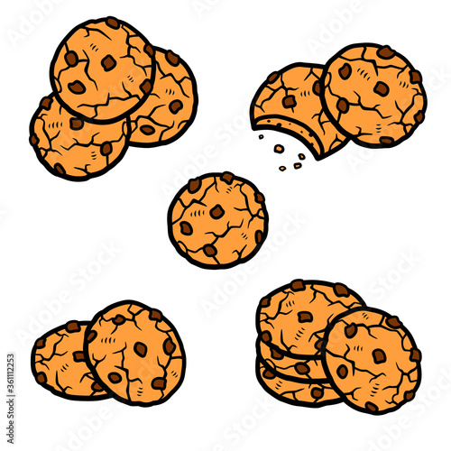 Chocolate chip cookies set. Collection icon chocolate chip cookies. Vector