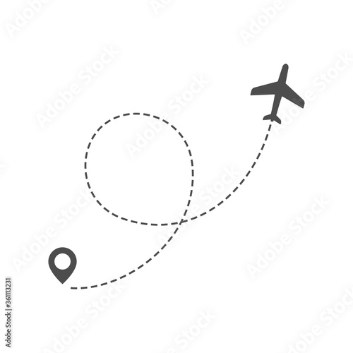 Airplane route trace in dashed line with location pin. Twisted flight path vector illustration.
