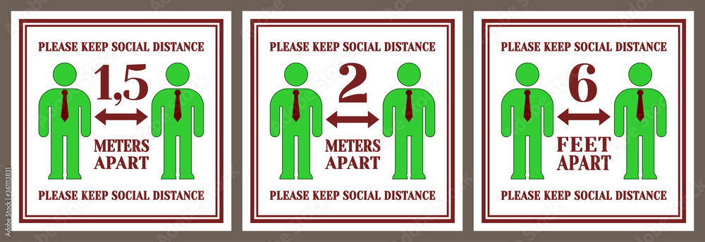 Social Distance Inches Set of posters or stickers. Please keep social distance. Two stylized ...