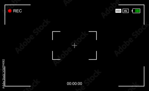 Camera frame viewfinder screen of video recorder, recording video screen, digital display interface. Camera viewfinder, rec icon with information and timing, video screen background