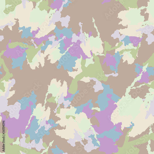 Urban camouflage of various shades of beige, violet, green, blue and brown colors